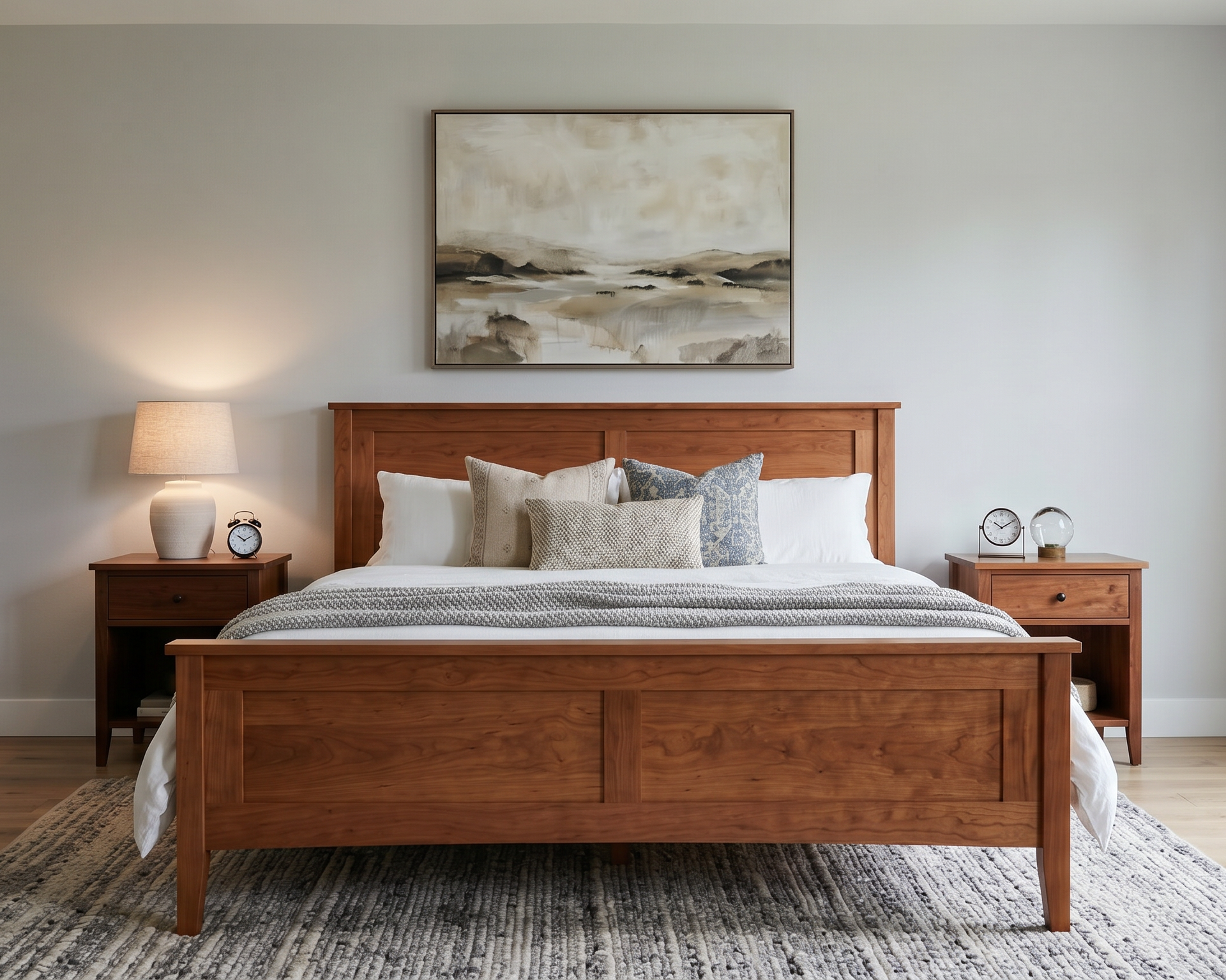 Wooden bed in a bedroom with a painting on the wall and nightstands.