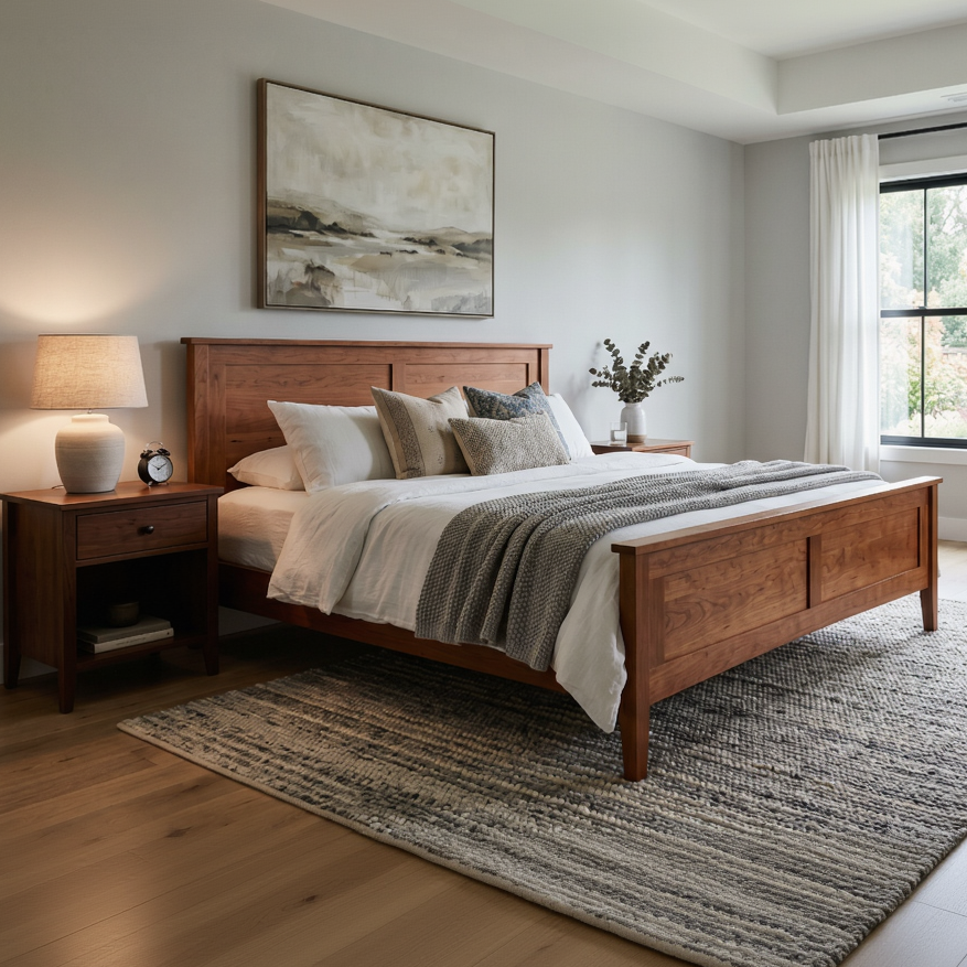 Bedroom with wooden bed, nightstands, and a large window.