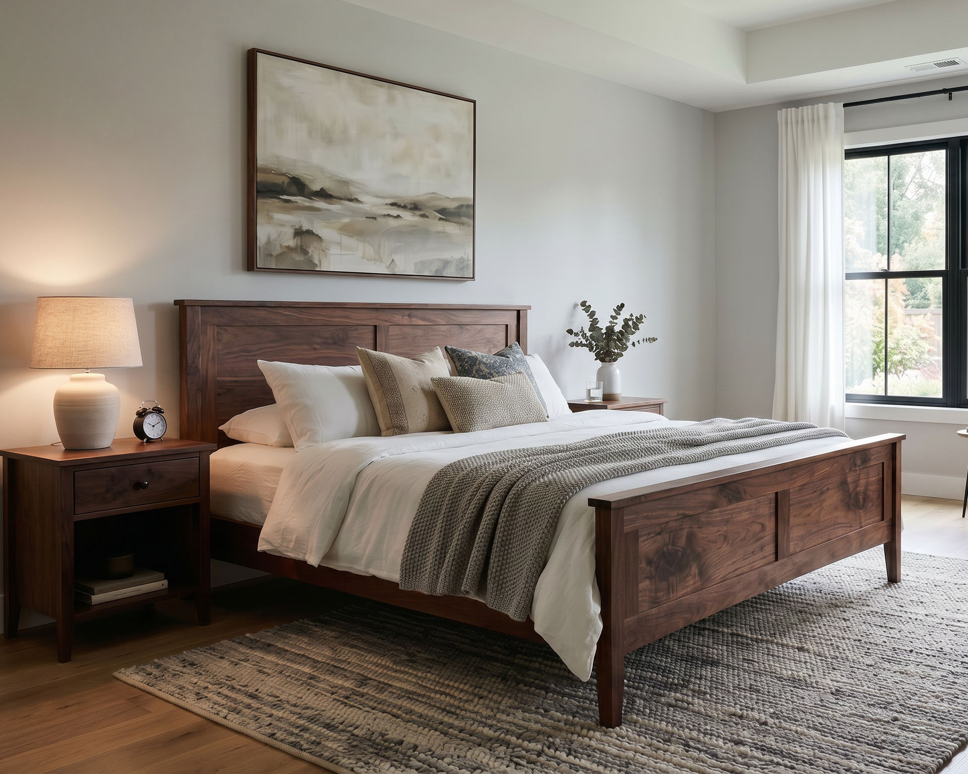 Modern bedroom with wooden bed, nightstands, and large windows.