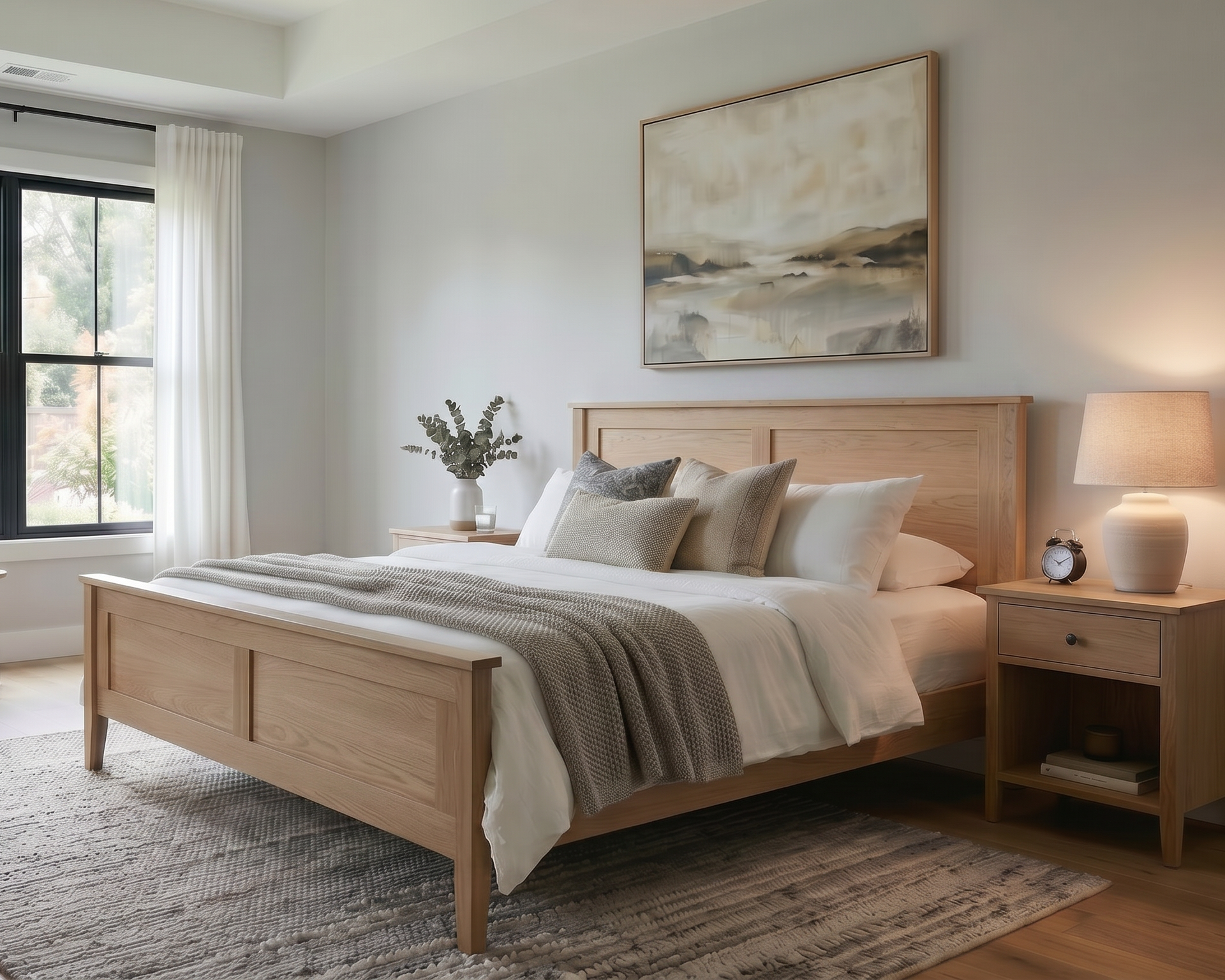 Modern bedroom with wooden bed, side tables, and large windows.