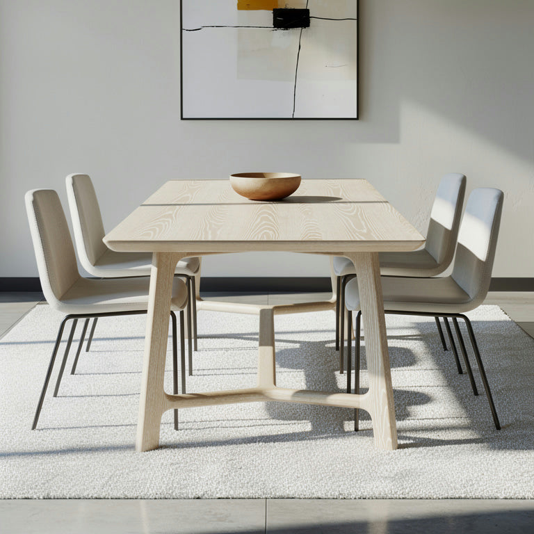 Dining room with a wooden table and chairs, abstract painting on the wall.